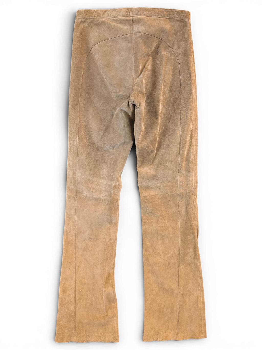 JAKE & IPI tan suede leather pants featuring a back view with panel detailing and a straight leg fit.