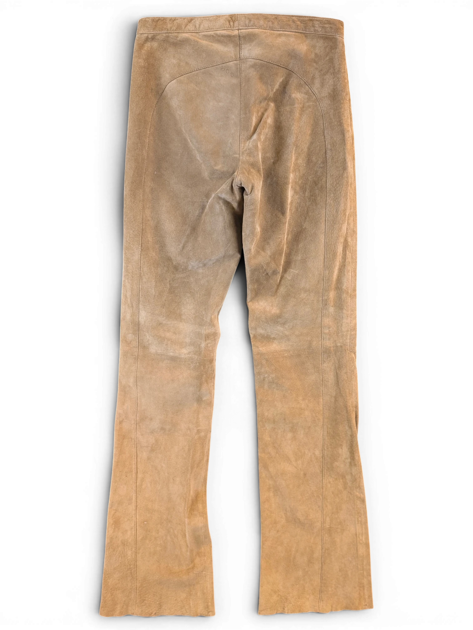 JAKE & IPI tan suede leather pants featuring a back view with panel detailing and a straight leg fit.