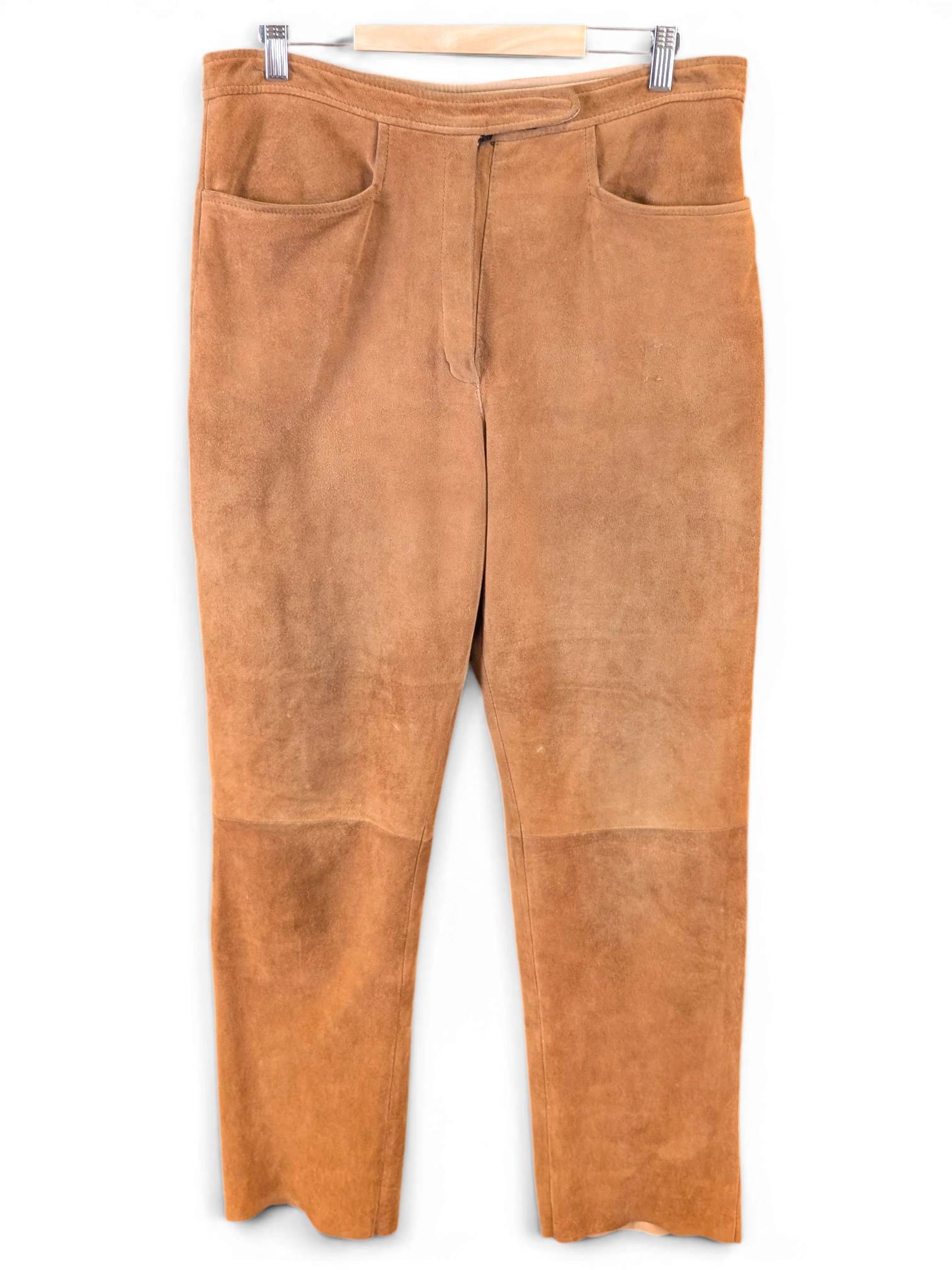JAKE & IPI Brandt tan suede reindeer leather pants with a classic straight-leg cut and front pockets.