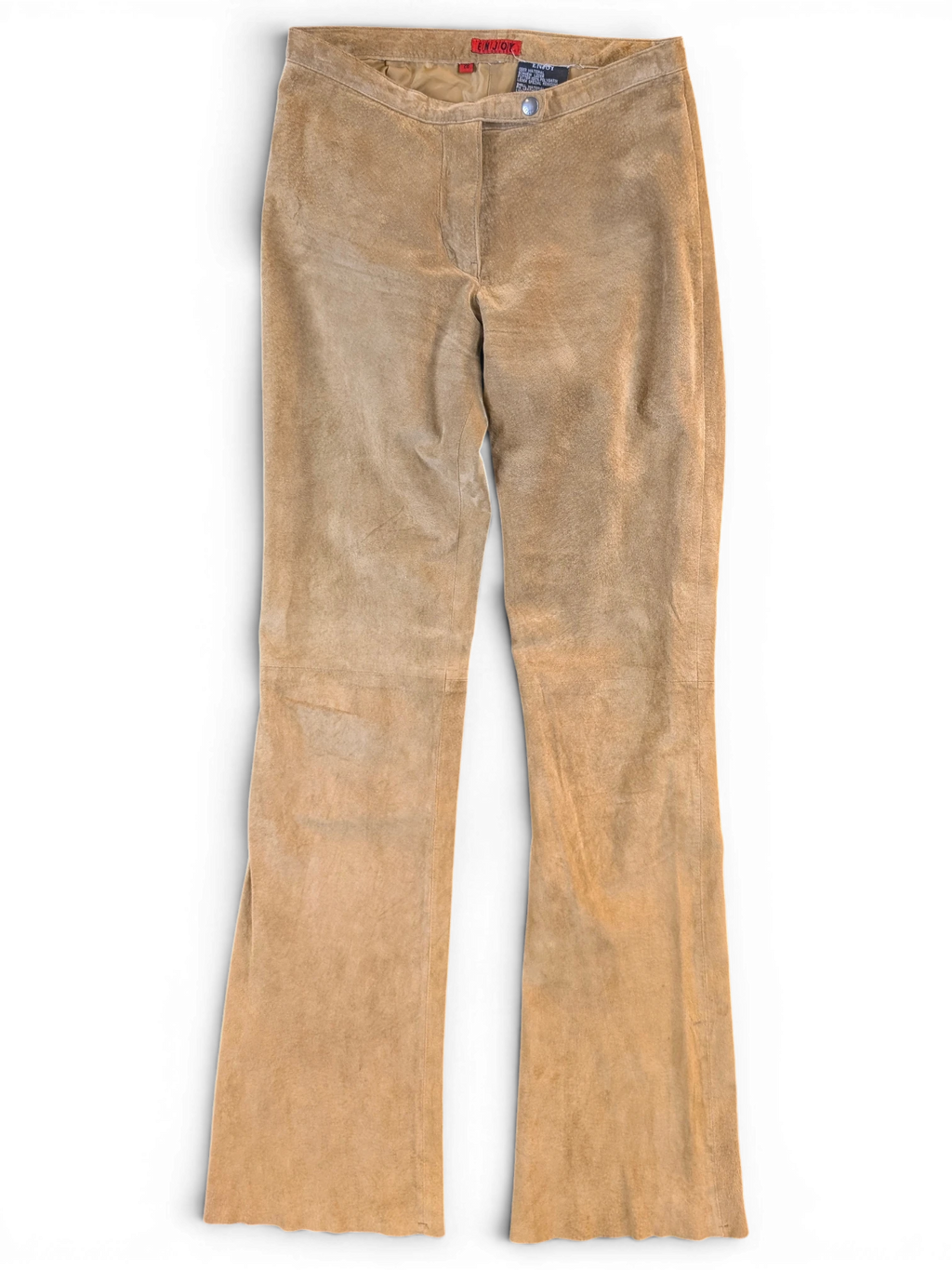 JAKE & IPI tan suede leather pants with a classic straight-leg cut and button closure