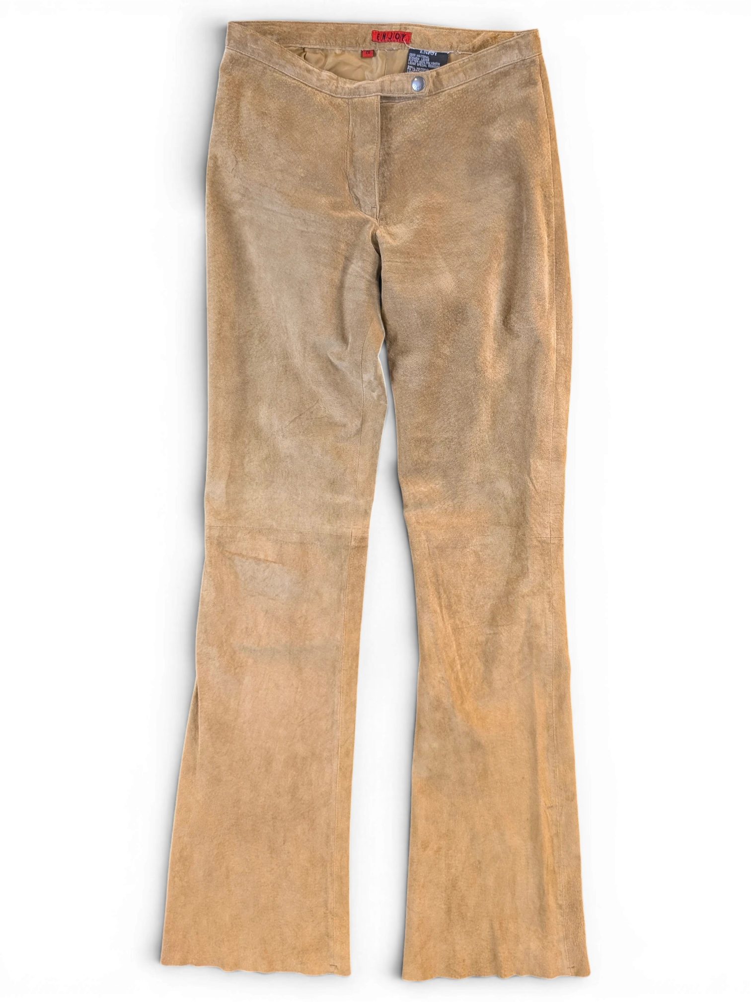 JAKE & IPI tan suede leather pants with a classic straight-leg cut and button closure