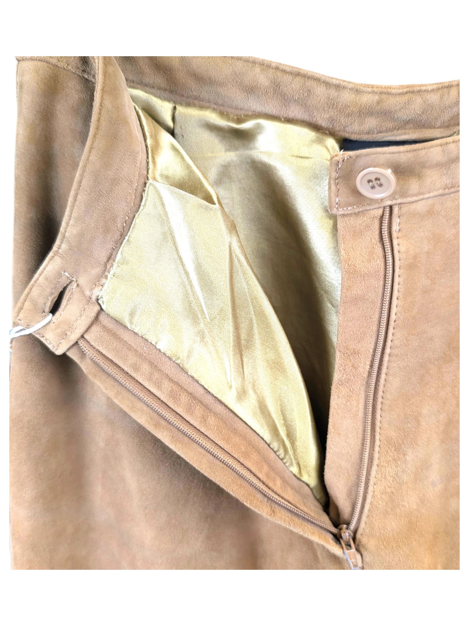 JAKE & IPI Mauritius suede leather pants in tan with a gold satin lining, featuring a button and zipper closure.