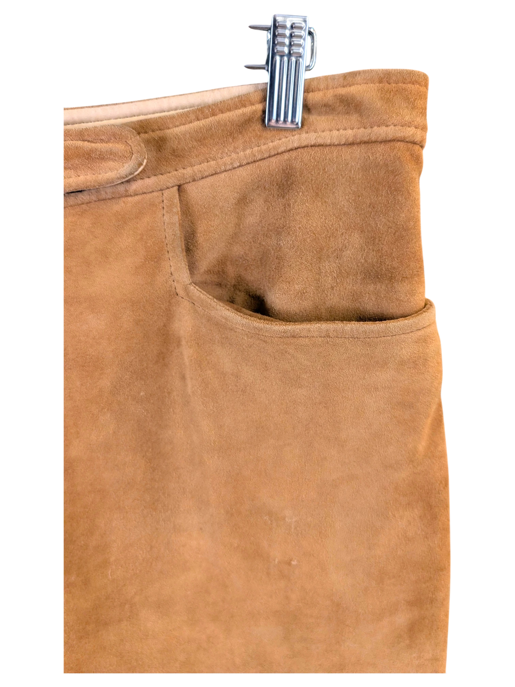 JAKE & IPI Brandt suede reindeer leather pants in tan featuring a classic pocket design on a wooden hanger.