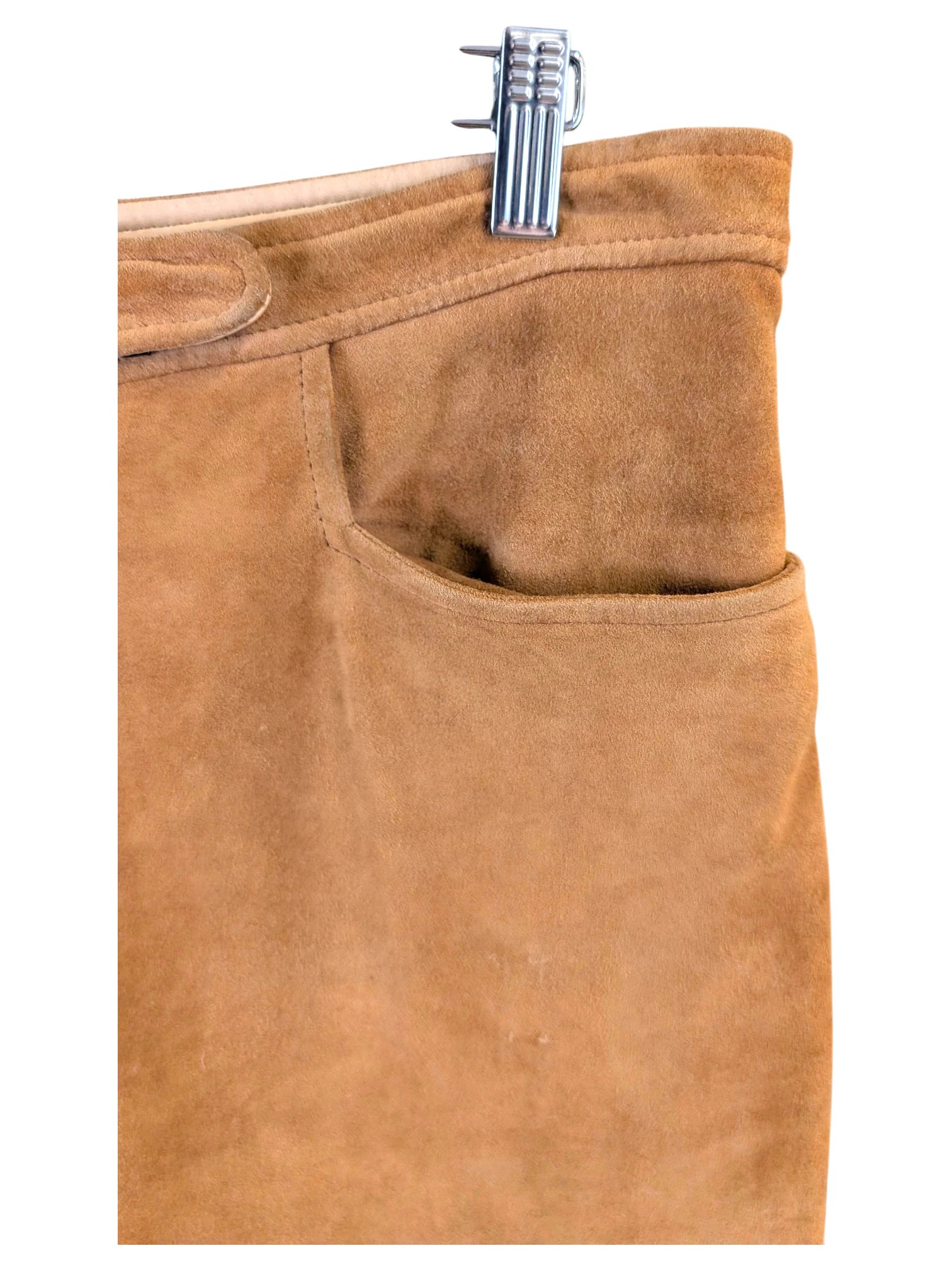 JAKE & IPI Brandt suede reindeer leather pants in tan featuring a classic pocket design on a wooden hanger.