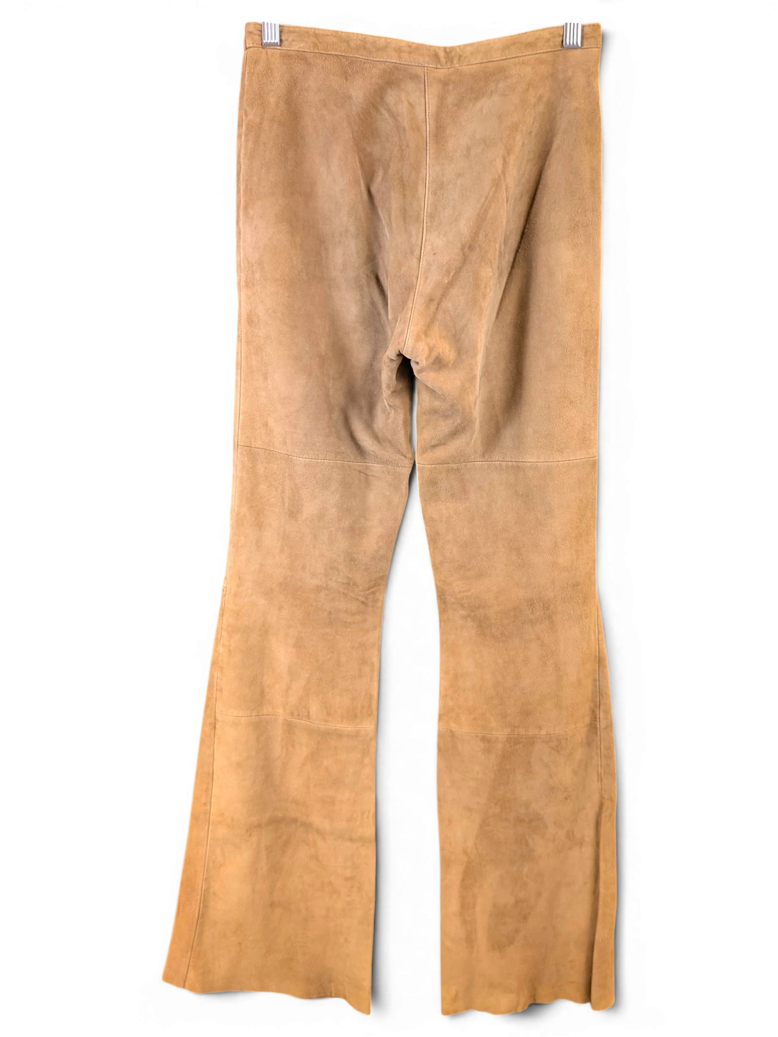 JAKE & IPI Mauritius suede leather pants in tan, featuring a flared leg cut and back view on a hanger.