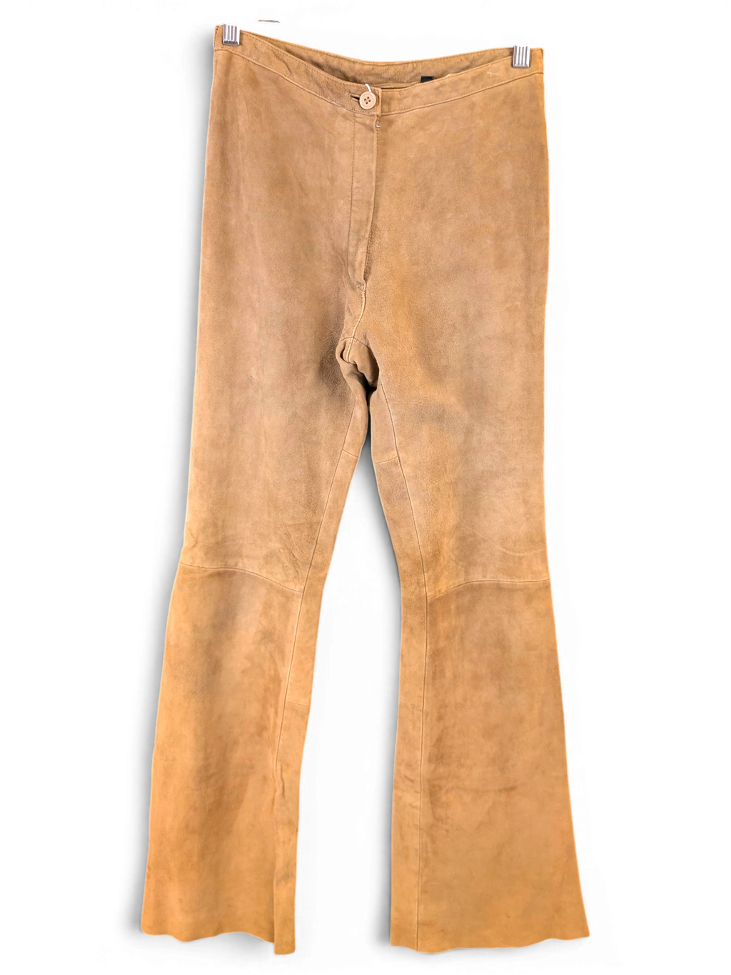 JAKE & IPI Mauritius tan suede leather pants with a straight leg fit and button closure hanging on a hanger.