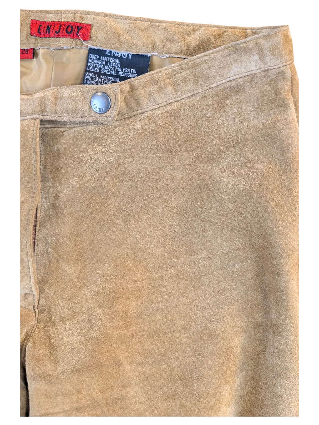 JAKE & IPI tan suede leather pants with a button closure and interior satin lining