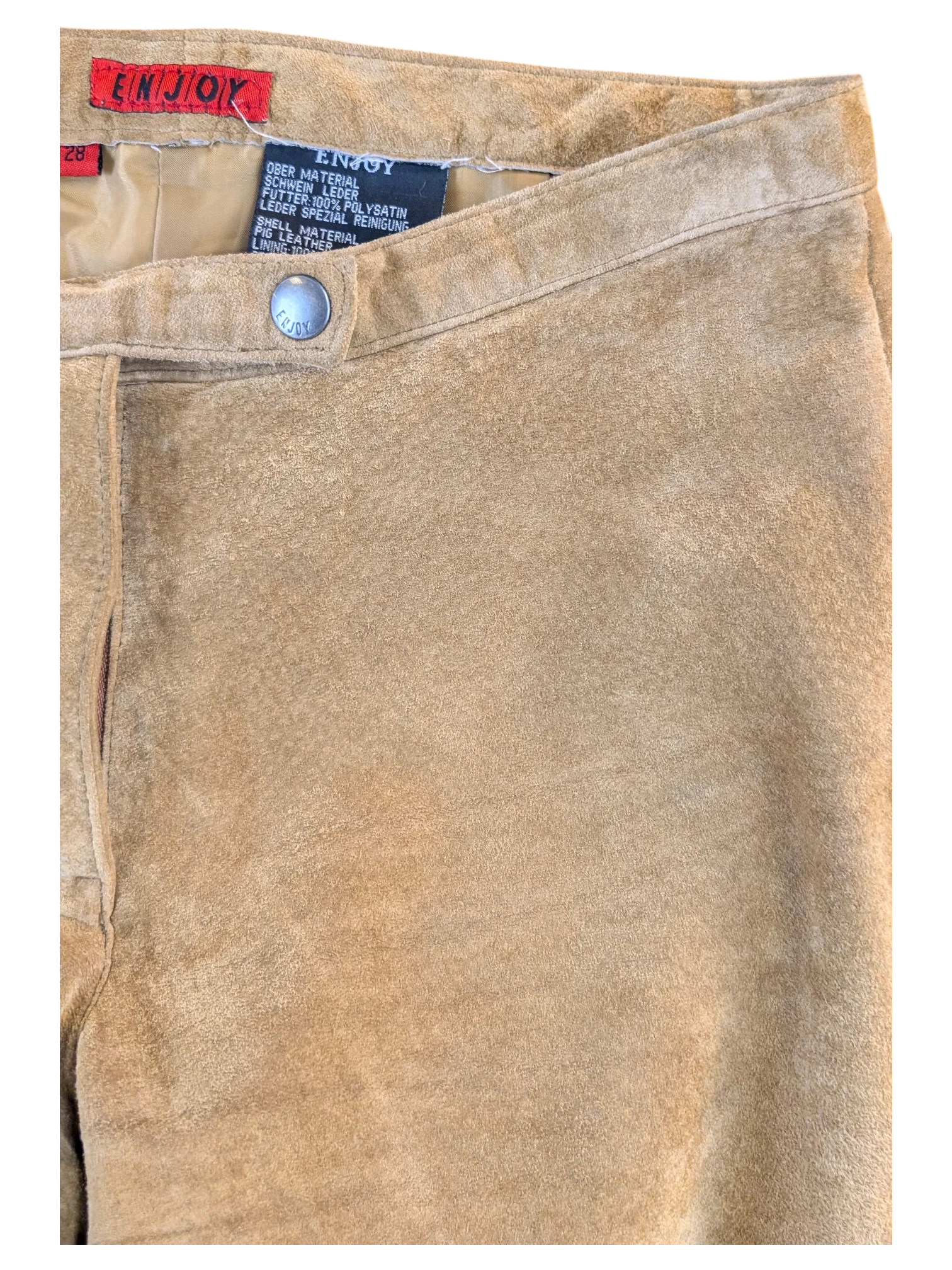 JAKE & IPI tan suede leather pants with a button closure and interior satin lining