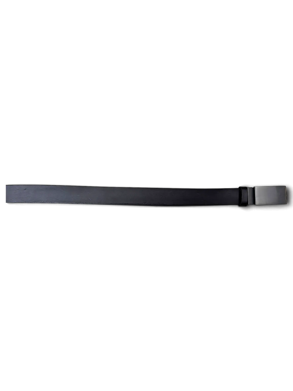 JAKE & IPI TCM black leather belt with a sleek rectangular metal buckle, laid flat on a white surface.