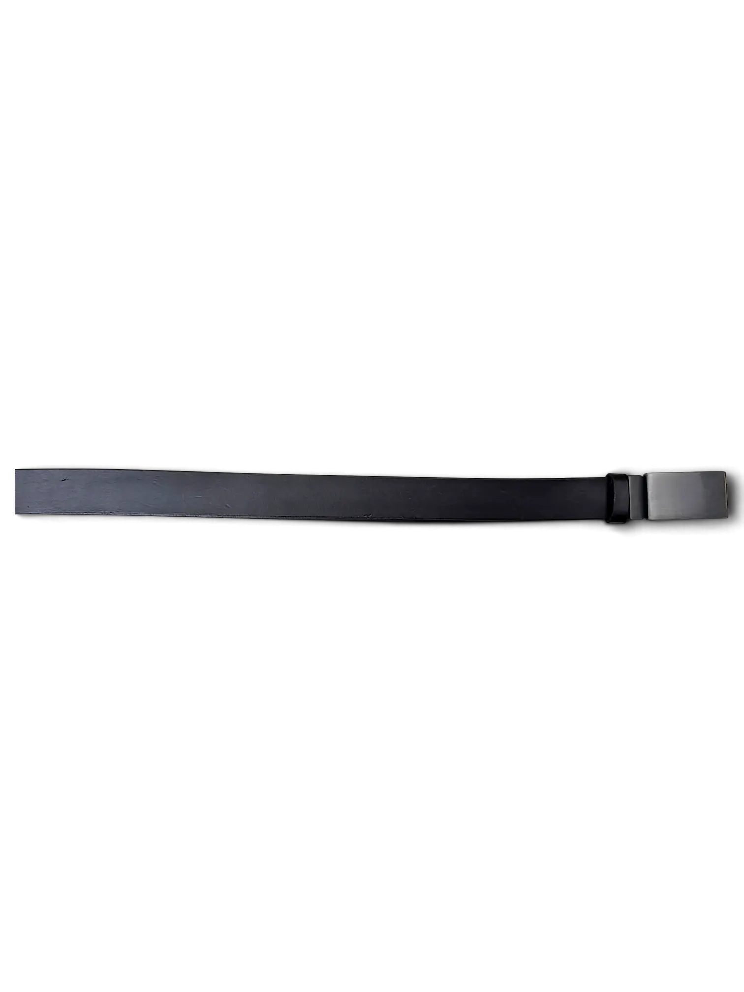 JAKE & IPI TCM black leather belt with a sleek rectangular metal buckle, laid flat on a white surface.
