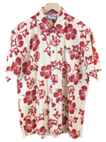 JAKE & IPI Teahupoo Tahiti short-sleeve Hawaiian shirt in cream with a red hibiscus floral print and button-down front.