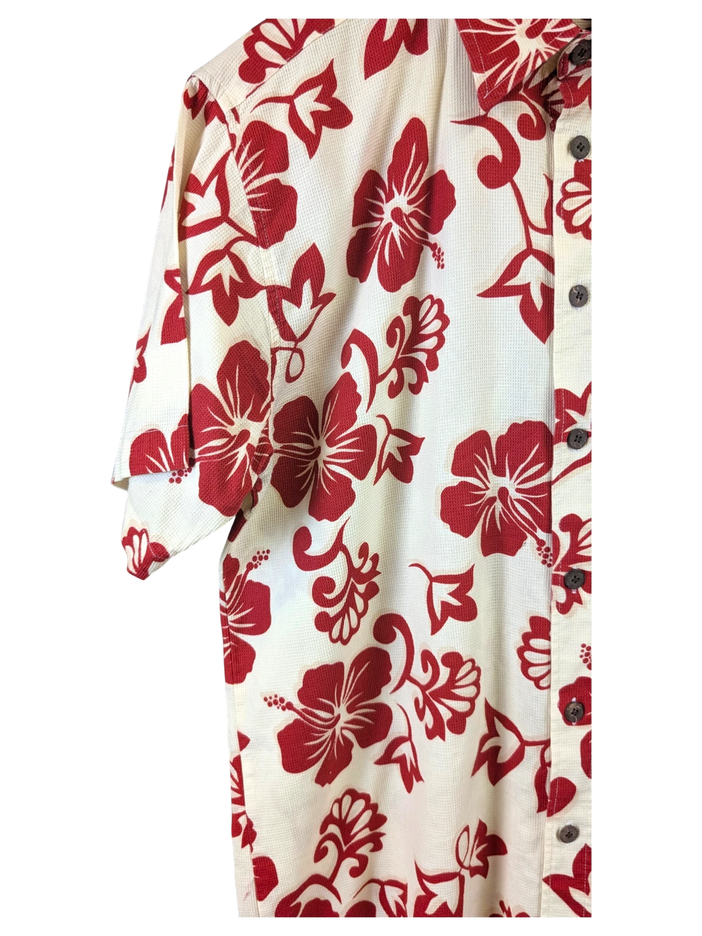 JAKE & IPI Teahupoo Tahiti Hawaiian shirt in cream with a red hibiscus floral print and button-down front.