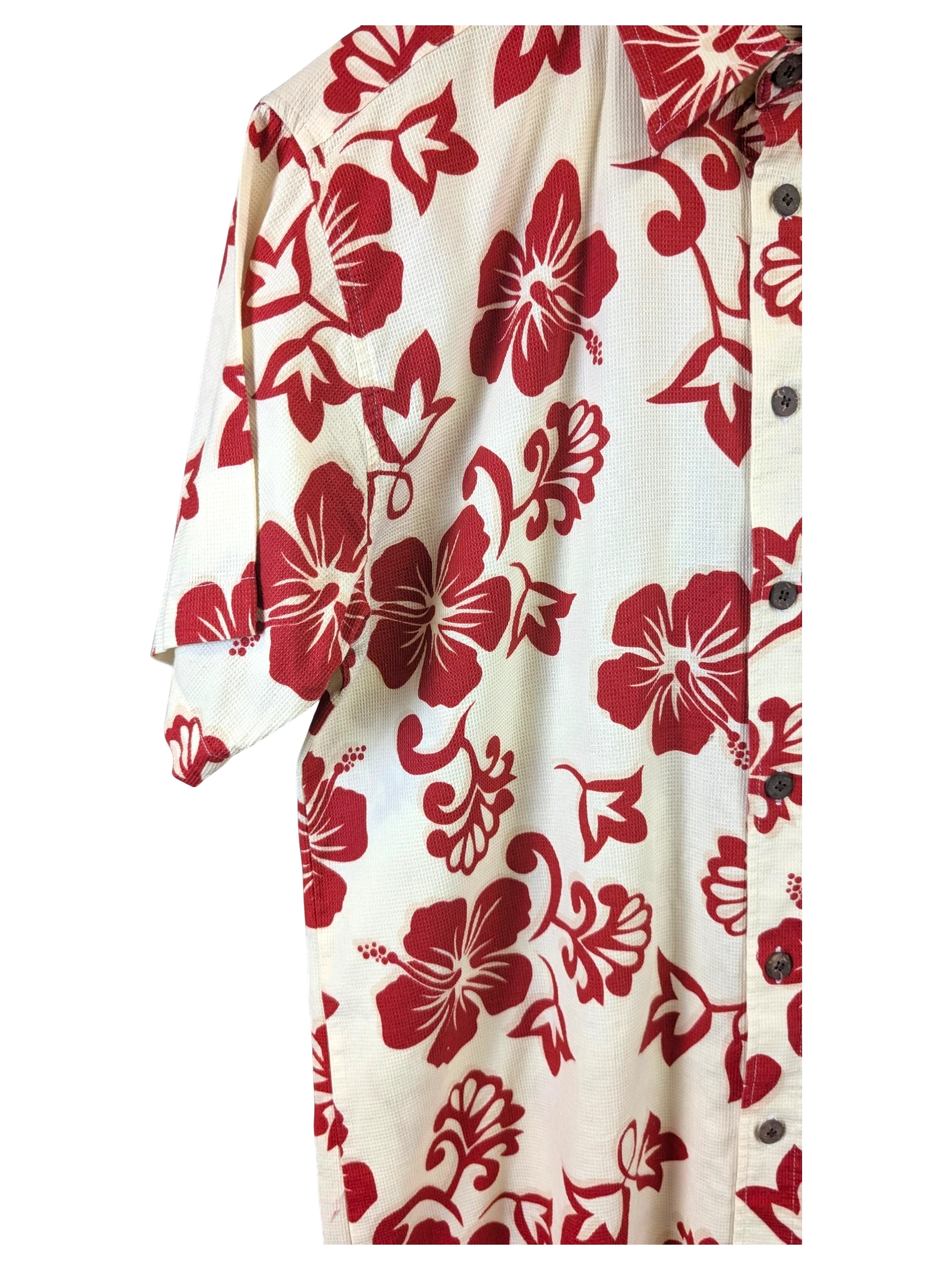 JAKE & IPI Teahupoo Tahiti Hawaiian shirt in cream with a red hibiscus floral print and button-down front.