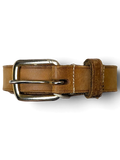 JAKE & IPI thin brown leather belt with a silver-toned metal buckle and visible contrast stitching