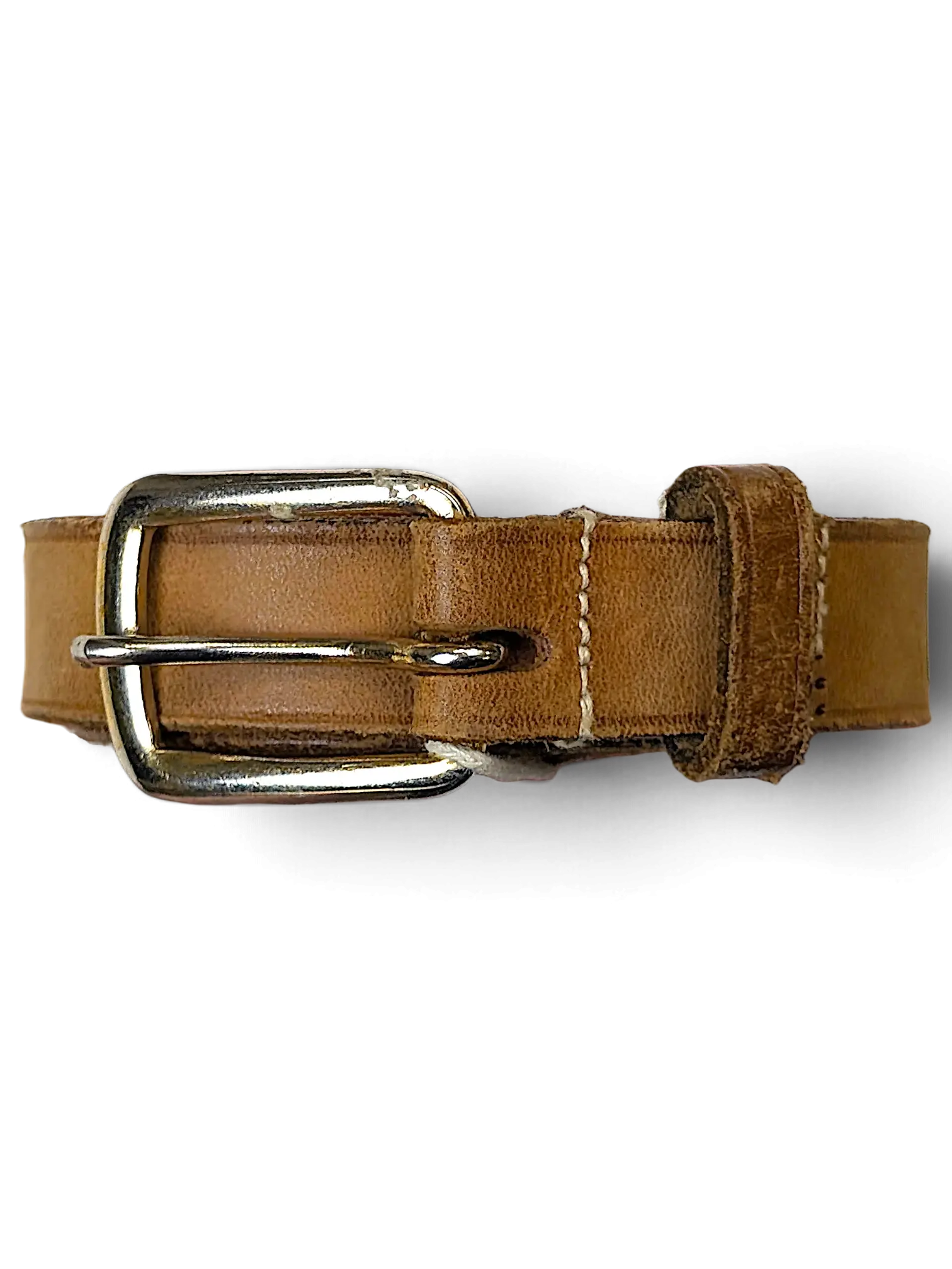 JAKE & IPI thin brown leather belt with a silver-toned metal buckle and visible contrast stitching