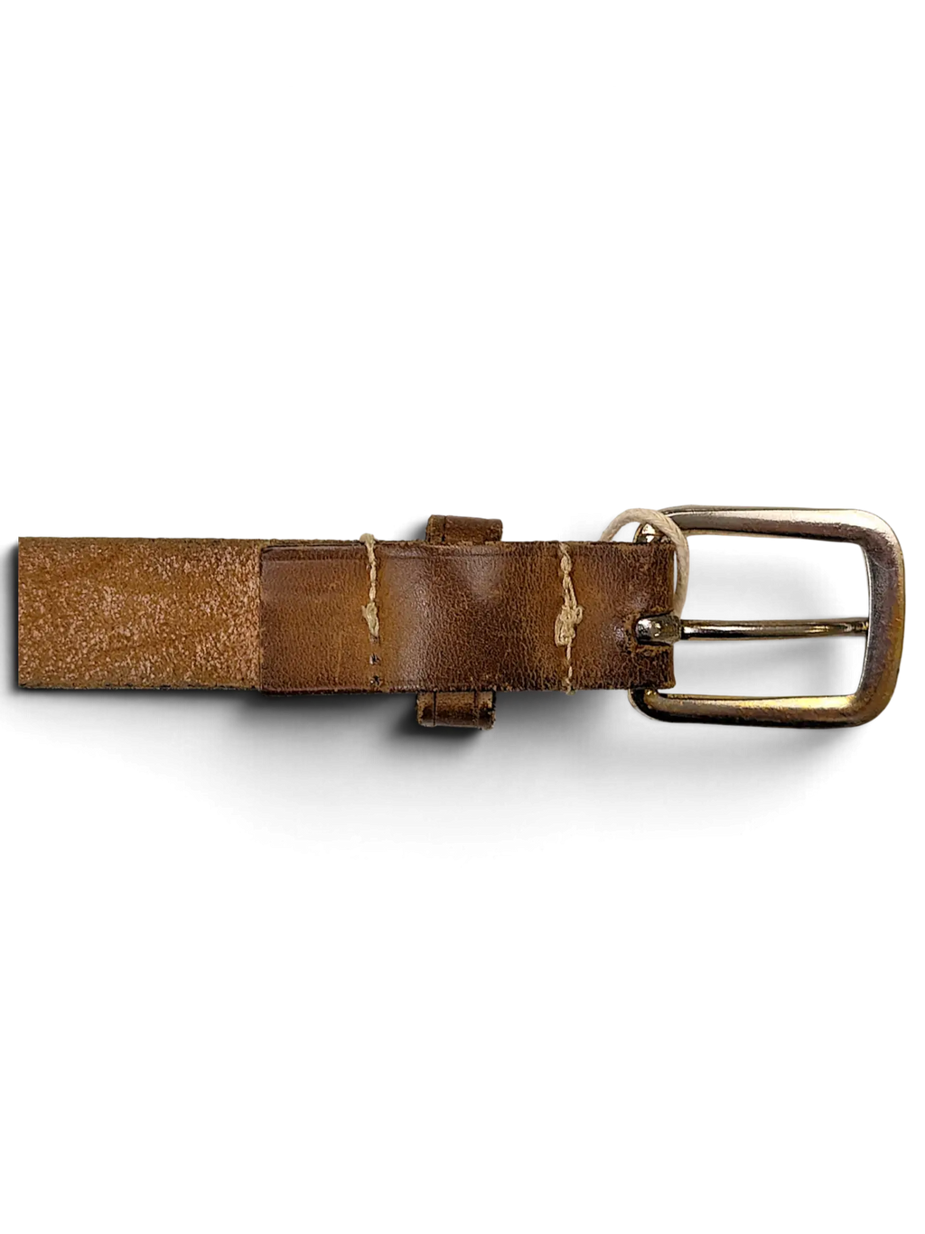 JAKE & IPI thin brown leather belt featuring a classic silver-toned metal buckle and visible contrast stitching.