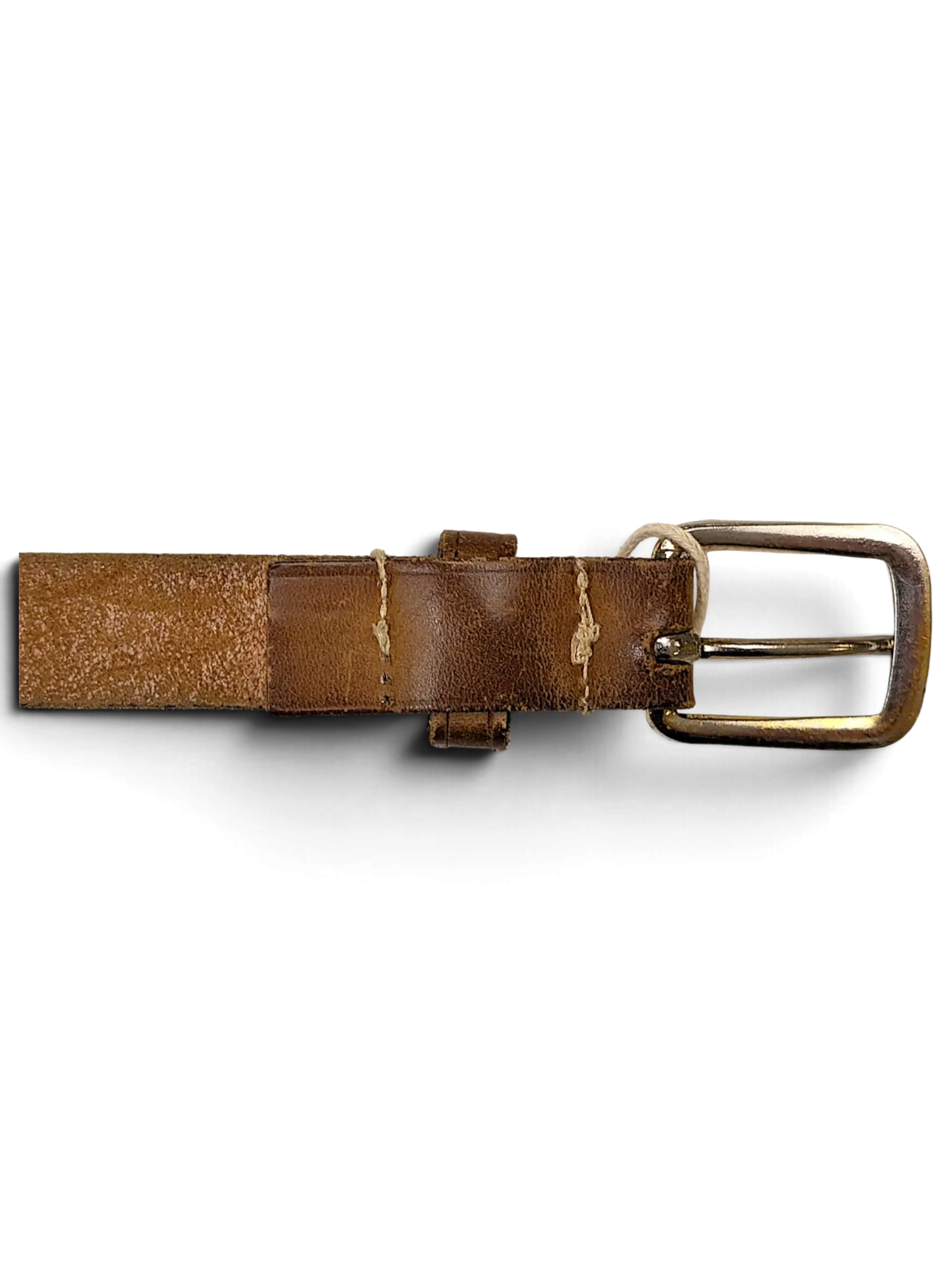 JAKE & IPI thin brown leather belt featuring a classic silver-toned metal buckle and visible contrast stitching.