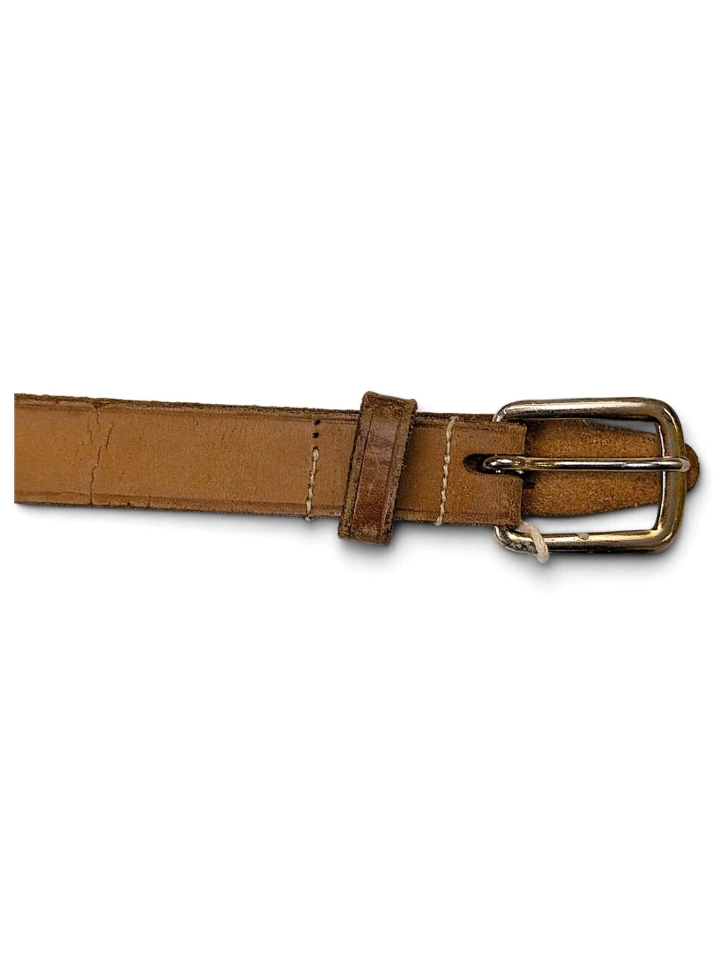 JAKE & IPI thin brown leather belt featuring a classic silver-tone metal buckle and stitched detailing.