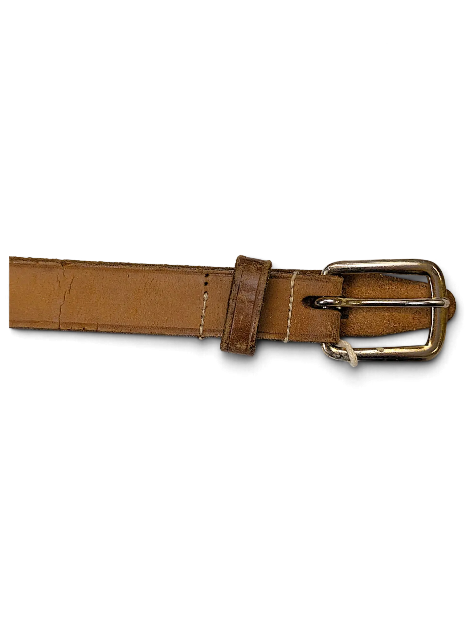 JAKE & IPI thin brown leather belt featuring a classic silver-tone metal buckle and stitched detailing.