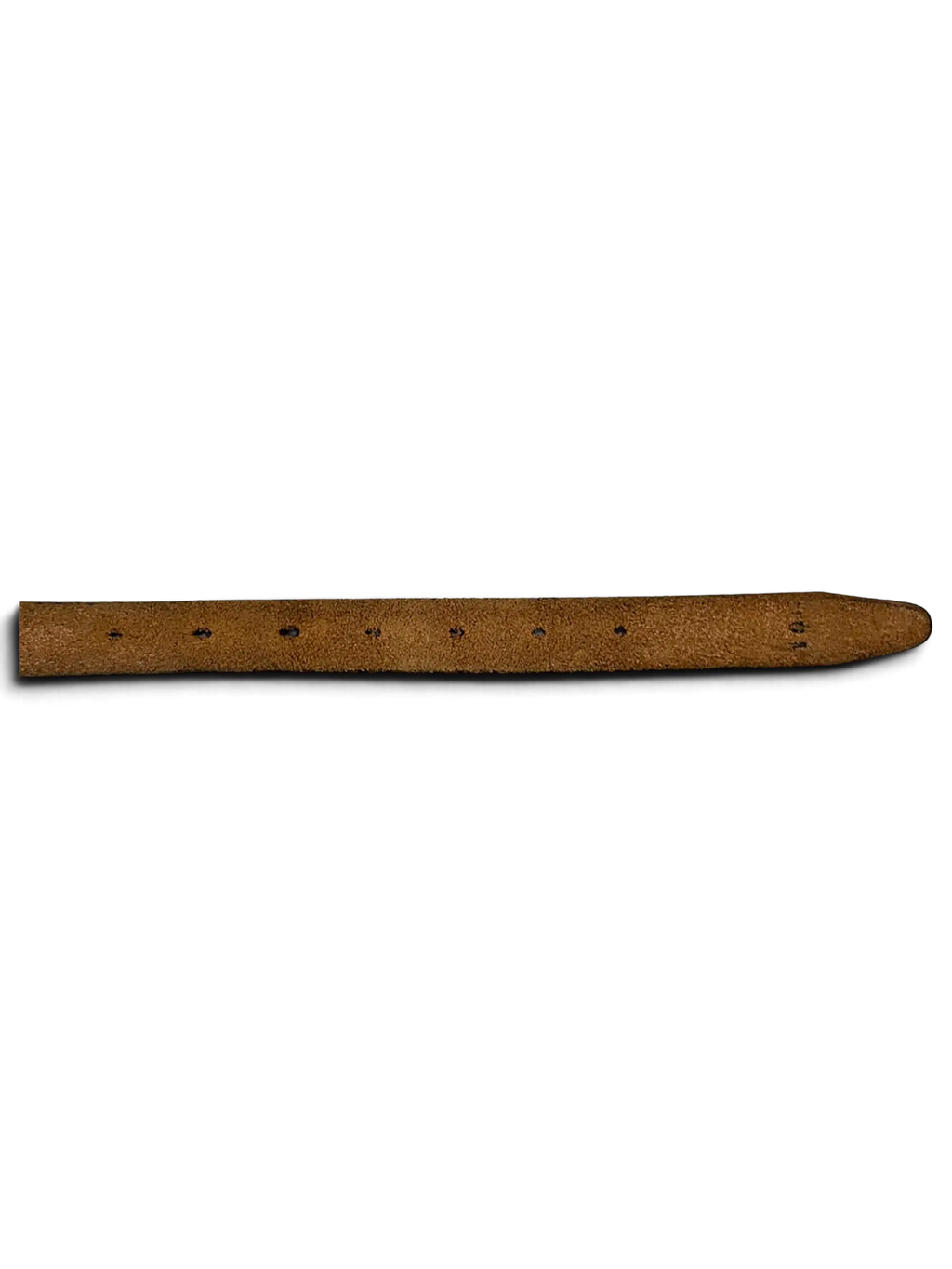 JAKE & IPI thin brown leather belt showing the adjustment holes and tapered end on a white background