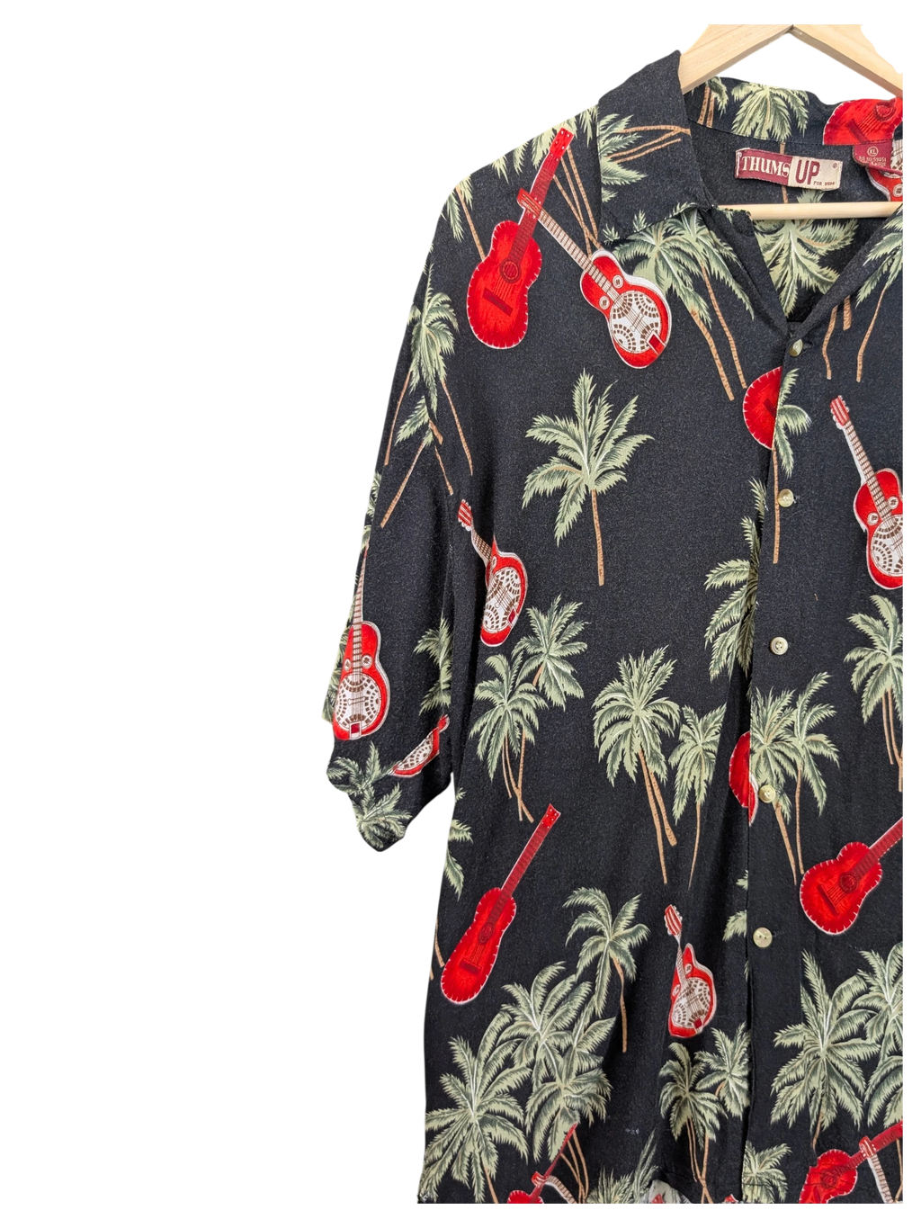 JAKE & IPI Thums UP black Hawaiian shirt featuring red guitar and palm tree print with a button-down collar.
