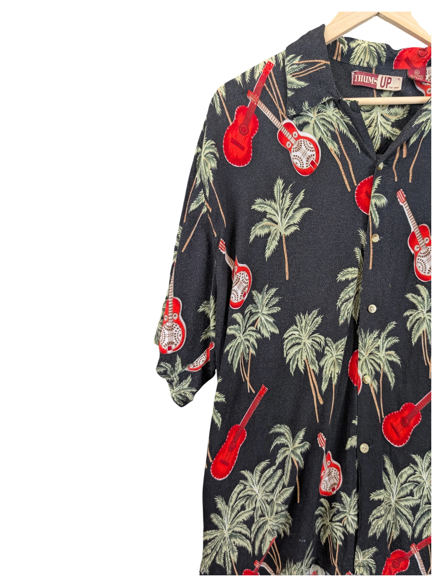 JAKE & IPI Thums UP black Hawaiian shirt featuring red guitar and palm tree print with a button-down collar.