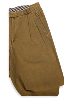 JAKE & IPI Tivoli vintage brown pleated trousers with a plaid waistband lining and relaxed leg fit.