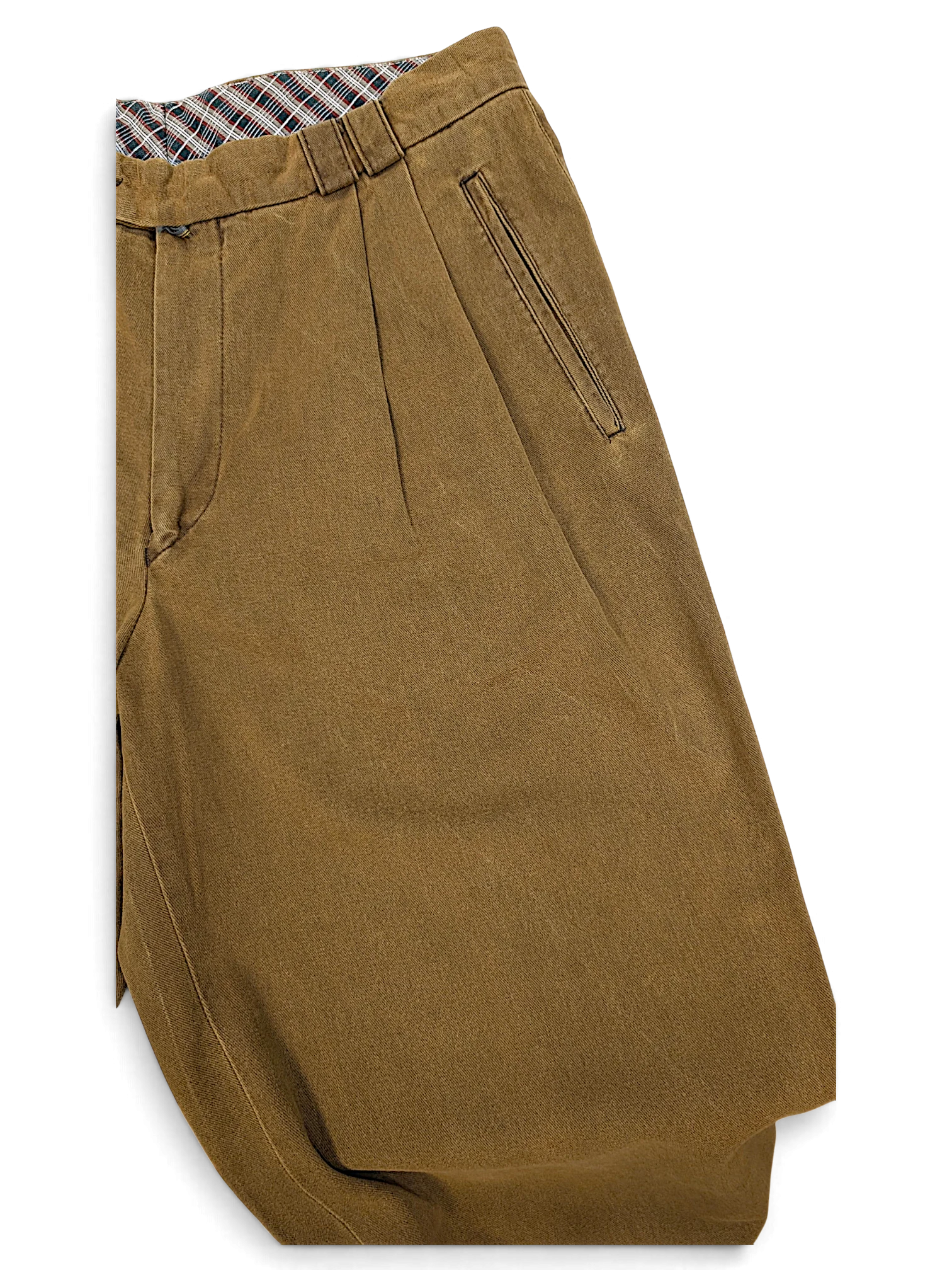 JAKE & IPI Tivoli vintage brown pleated trousers with a plaid waistband lining and relaxed leg fit.