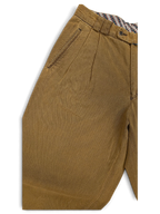 JAKE & IPI Tivoli vintage brown pleated trousers with a plaid waistband lining and relaxed leg fit.