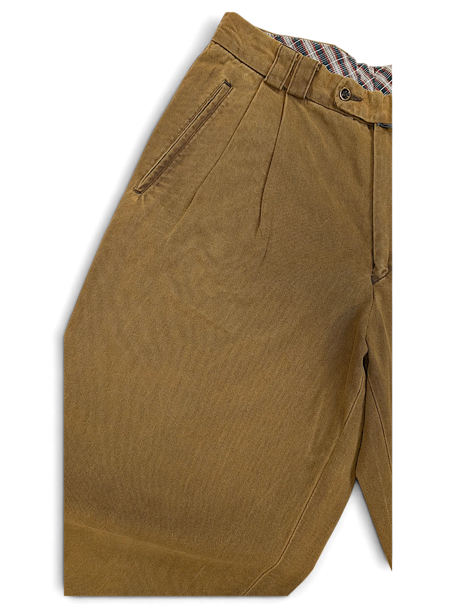 JAKE & IPI Tivoli vintage brown pleated trousers with a plaid waistband lining and relaxed leg fit.