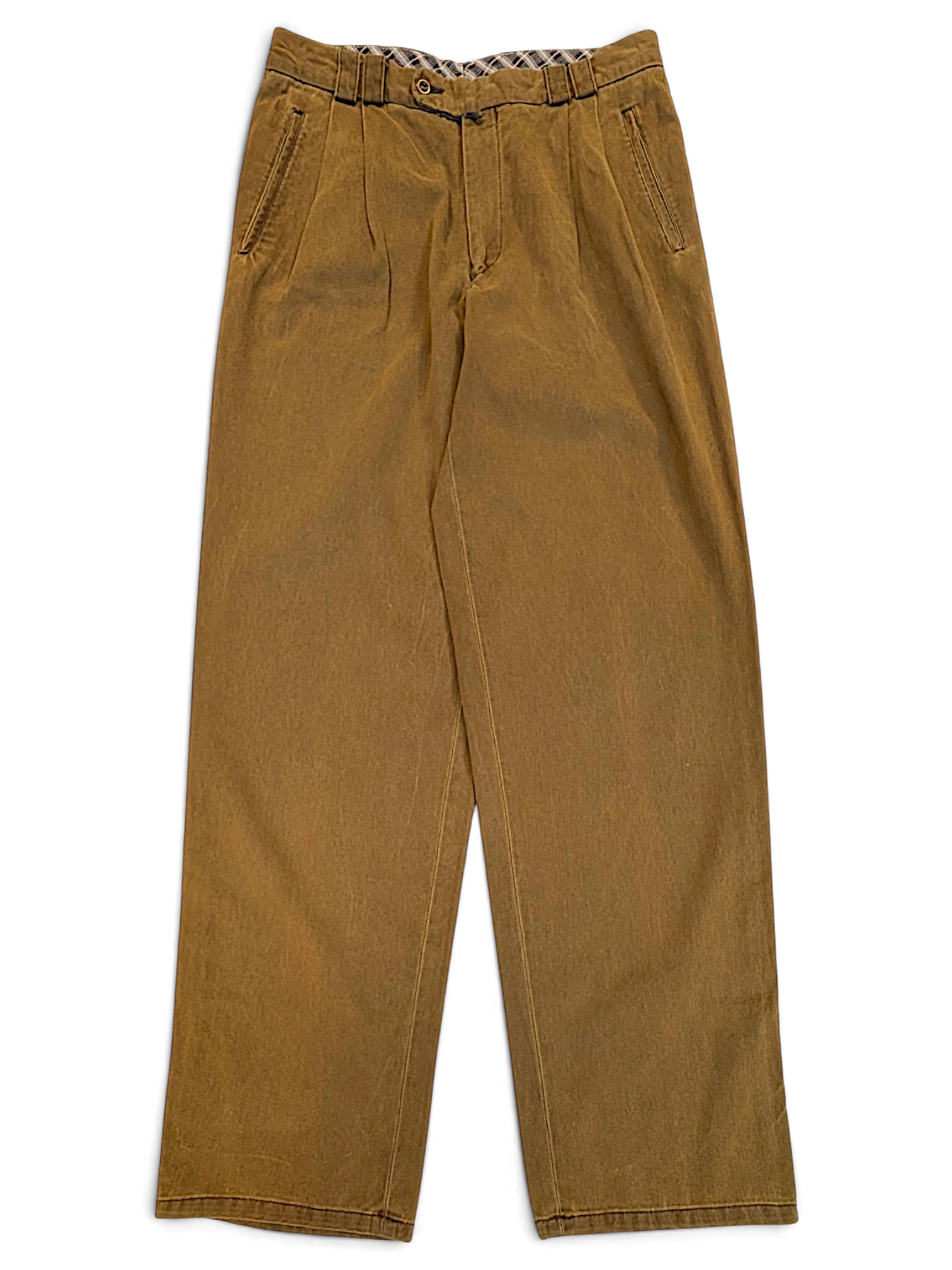 JAKE & IPI Tivoli vintage brown pleated trousers with a relaxed leg fit and plaid waistband lining
