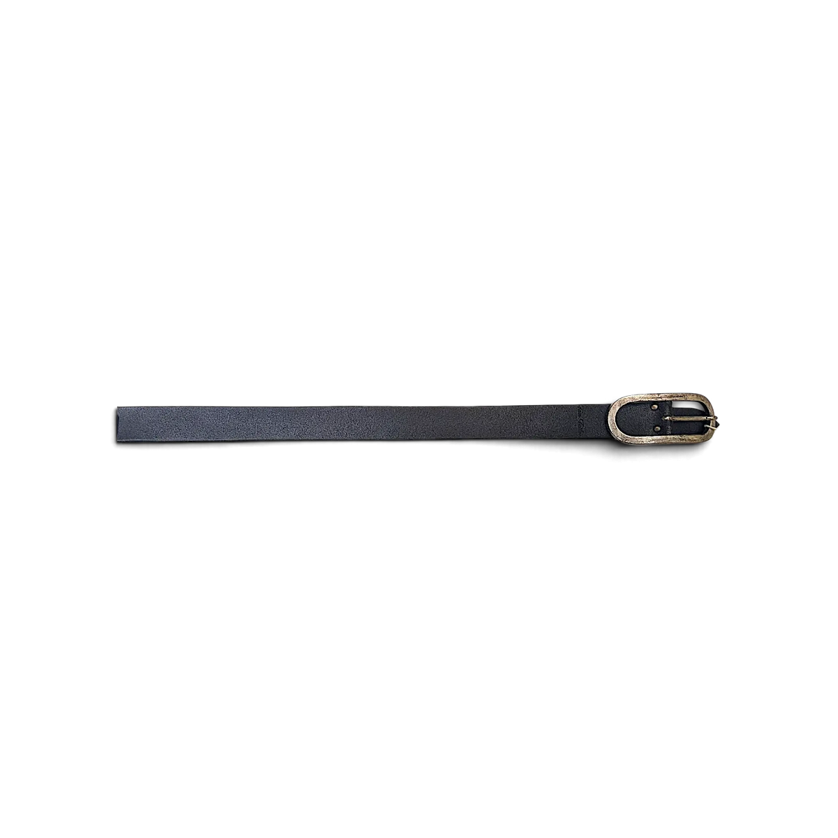 JAKE & IPI Tom Tailor black leather belt with a silver-toned metal buckle and hook attachment on a white surface.