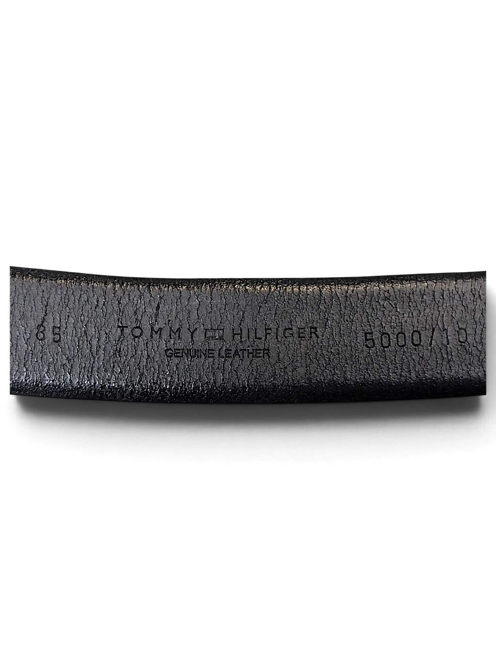JAKE & IPI Tommy Hilfiger black genuine leather belt interior detail showing brand logo and size 85