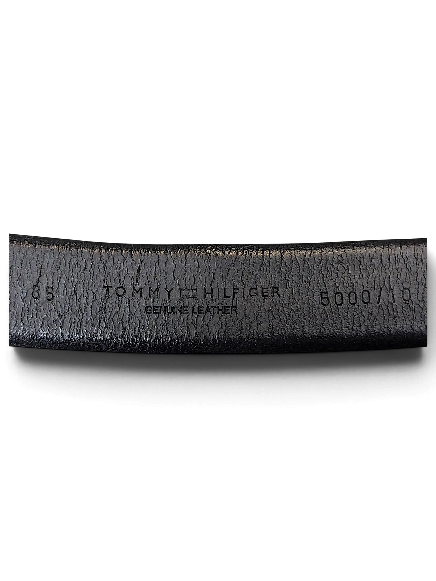 JAKE & IPI Tommy Hilfiger black genuine leather belt interior detail showing brand logo and size 85