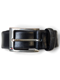 JAKE & IPI Tommy Hilfiger black leather belt featuring a silver metal buckle with a small logo detail