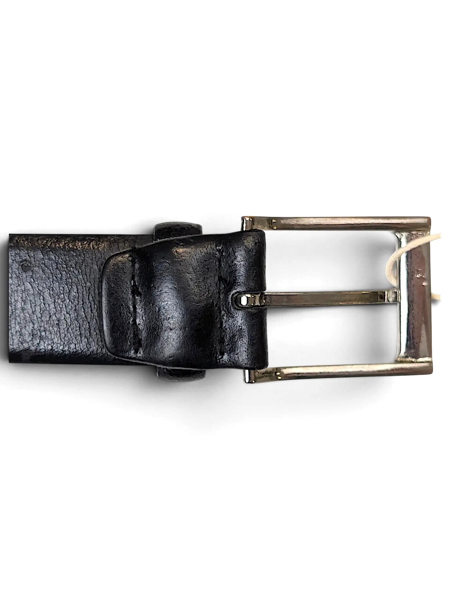 JAKE & IPI Tommy Hilfiger black leather belt featuring a polished silver rectangular buckle and stitched detail