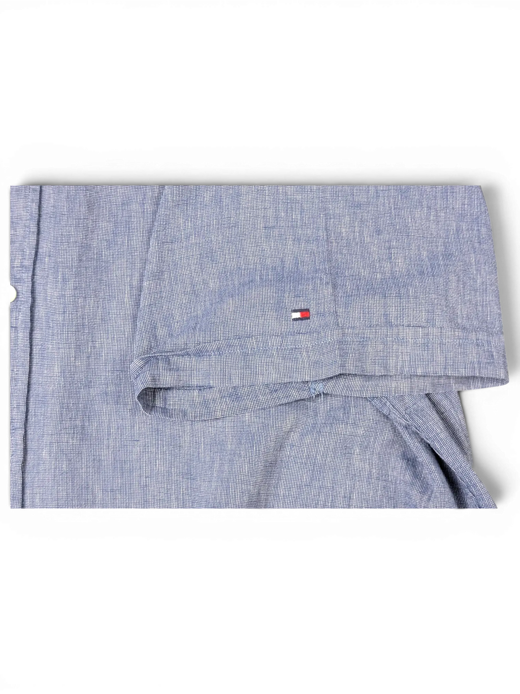 JAKE & IPI Tommy Hilfiger blue short-sleeve button-up shirt with small embroidered flag logo on the sleeve