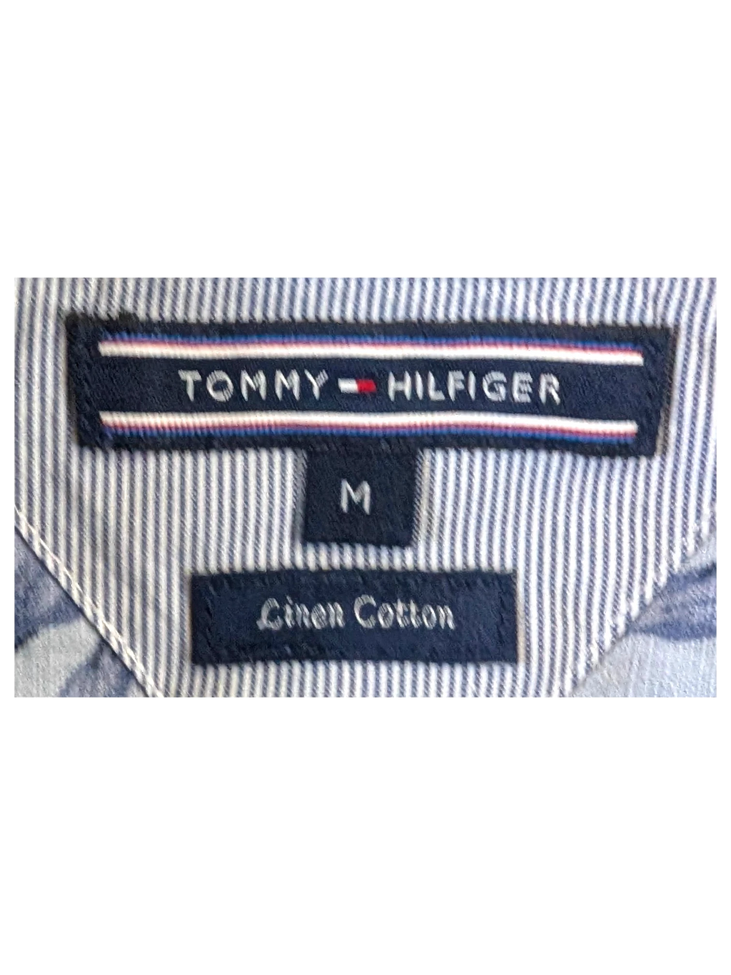 JAKE & IPI Tommy Hilfiger Hawaiian shirt featuring a blue and white striped pattern with a linen cotton blend label