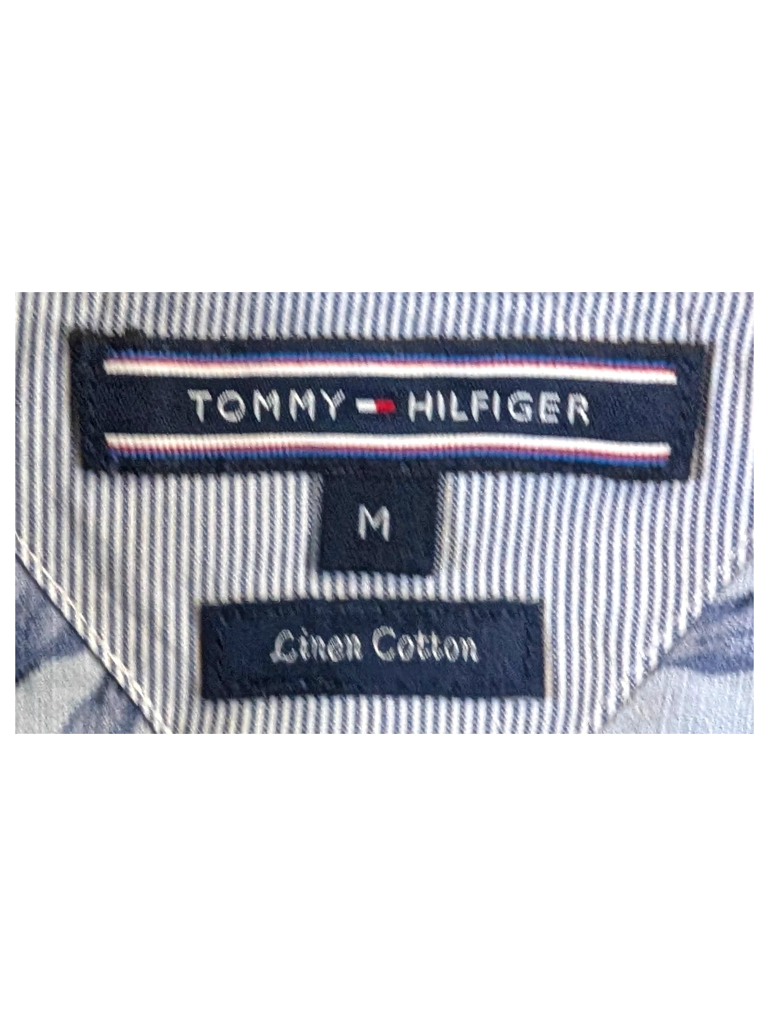 JAKE & IPI Tommy Hilfiger Hawaiian shirt featuring a blue and white striped pattern with a linen cotton blend label
