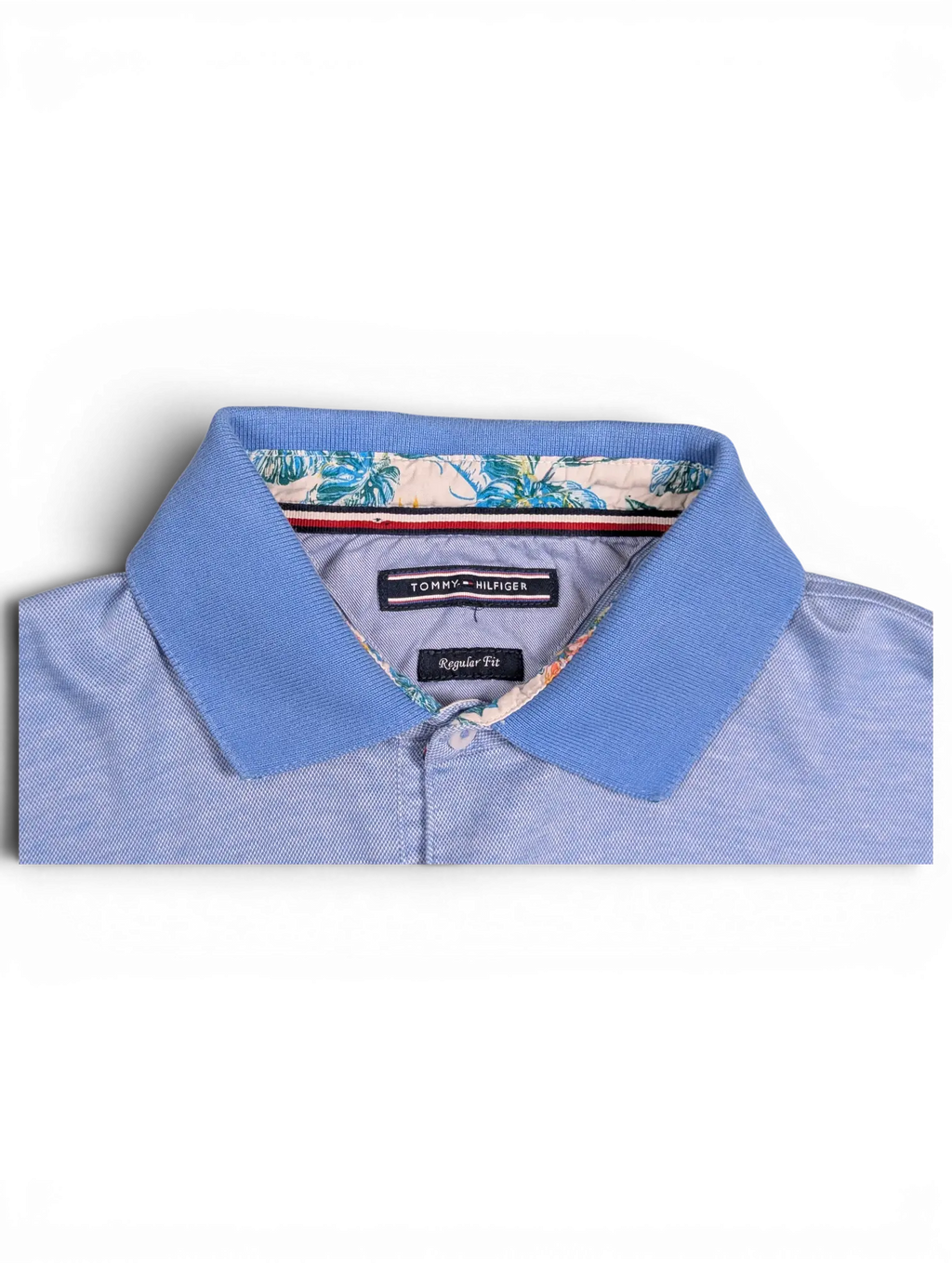 JAKE & IPI pre-owned light blue Tommy Hilfiger polo shirt with a tropical floral print collar lining