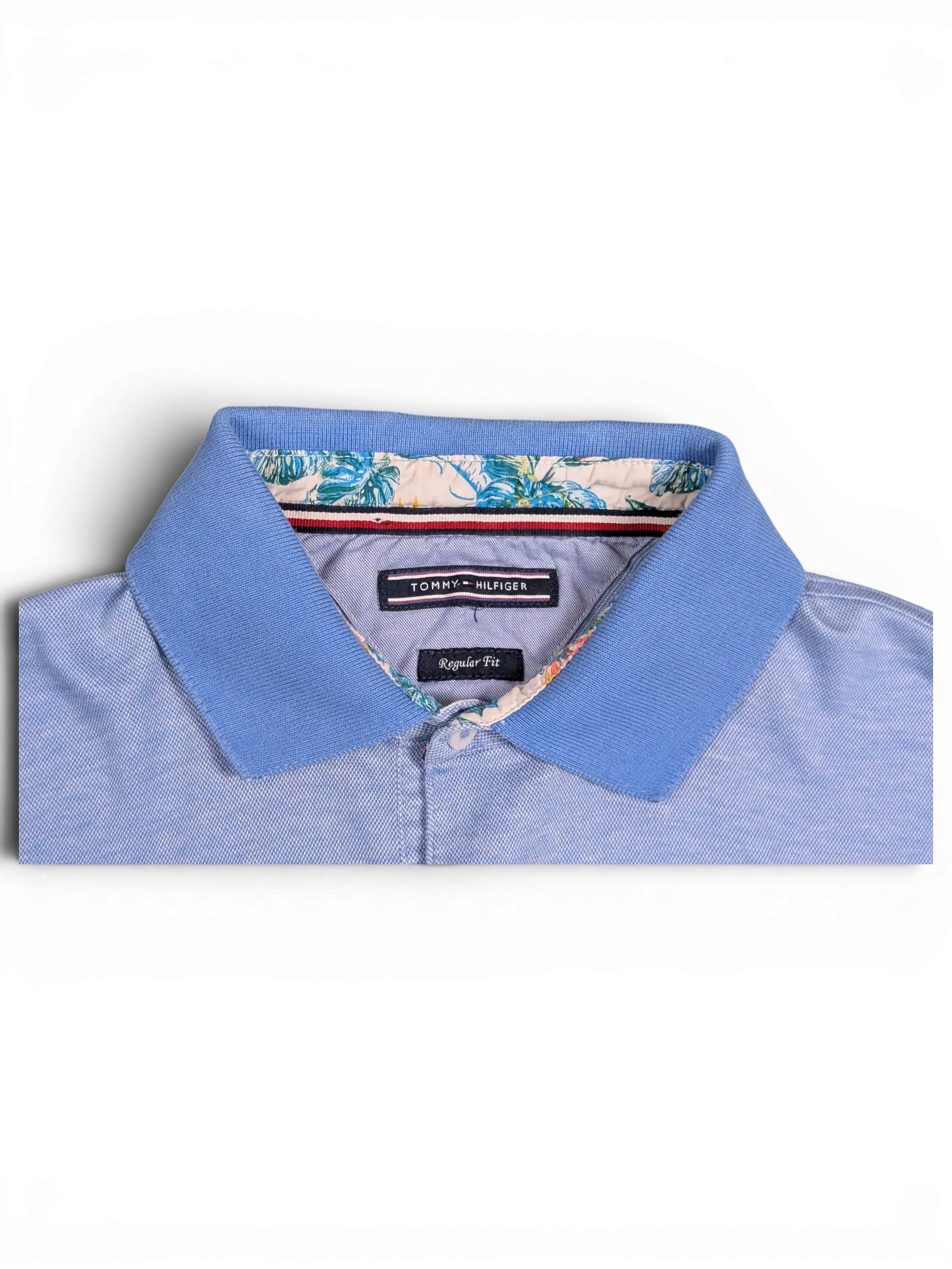 JAKE & IPI pre-owned light blue Tommy Hilfiger polo shirt with a tropical floral print collar lining
