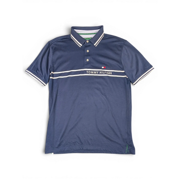 JAKE & IPI pre-owned navy Tommy Hilfiger polo shirt with white piping and chest logo wordmark