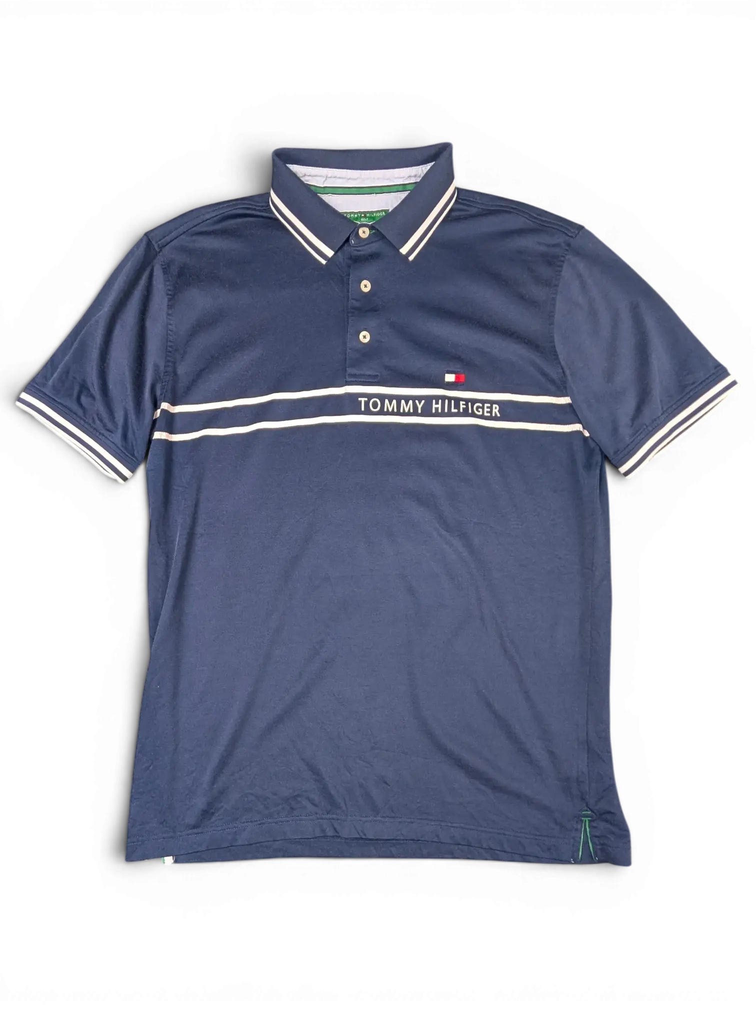JAKE & IPI pre-owned navy Tommy Hilfiger polo shirt with white piping and chest logo wordmark