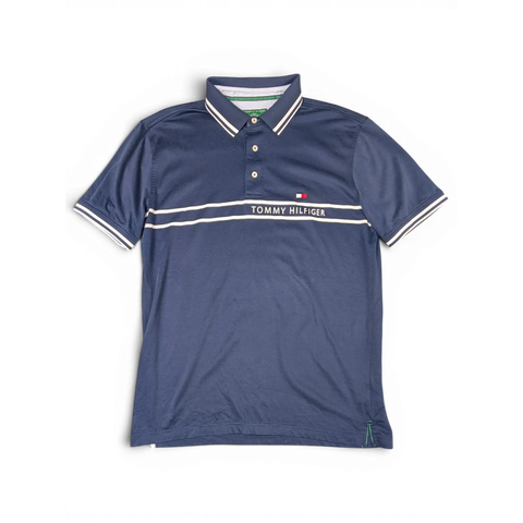JAKE & IPI käytetty tummansininen Tommy Hilfiger -pikeepaita valkoisilla paspeleilla ja rinnan logotekstillä