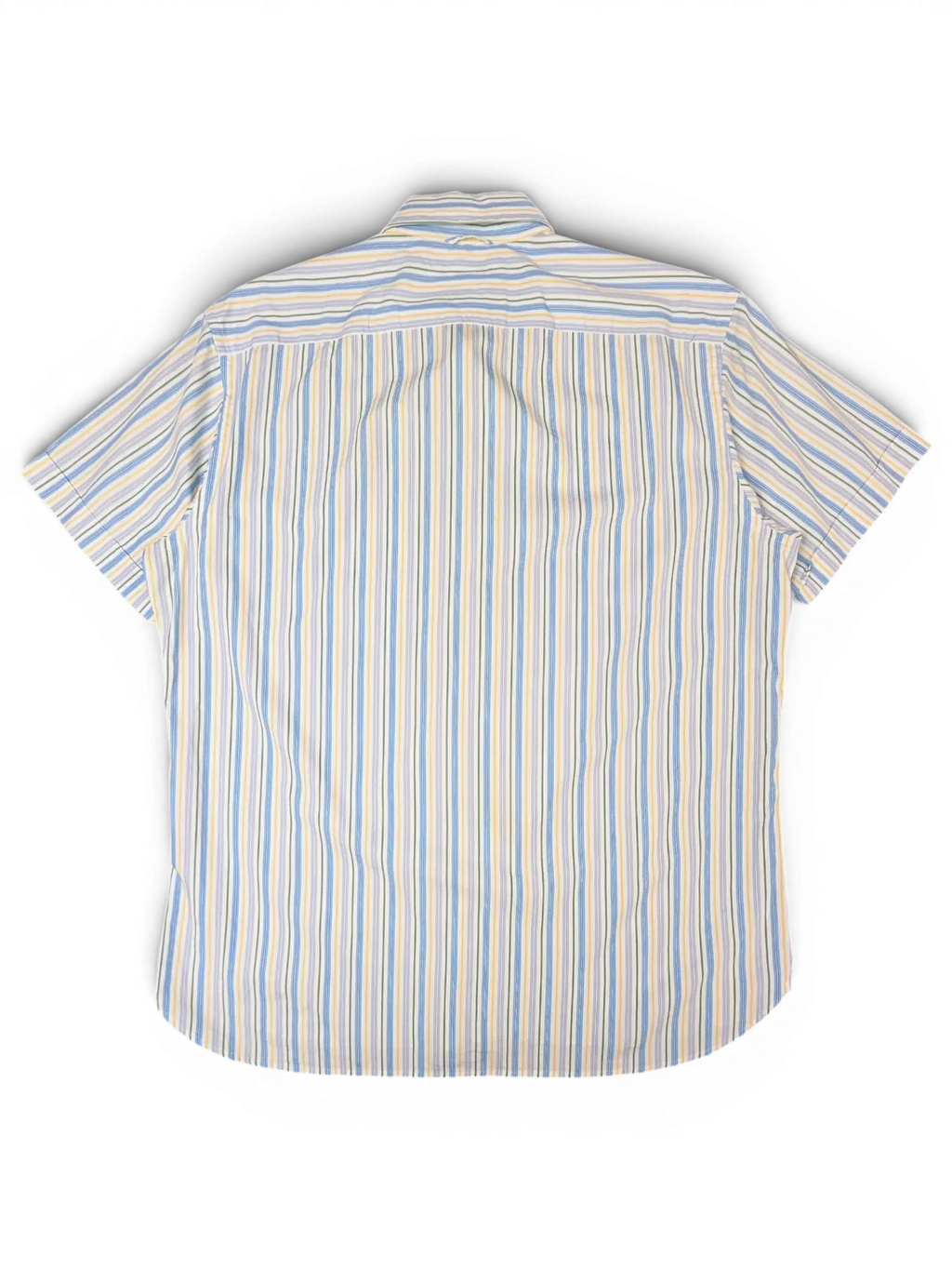 JAKE & IPI pre-owned Tommy Hilfiger short sleeve button-down shirt with vertical blue, green, and yellow stripes.