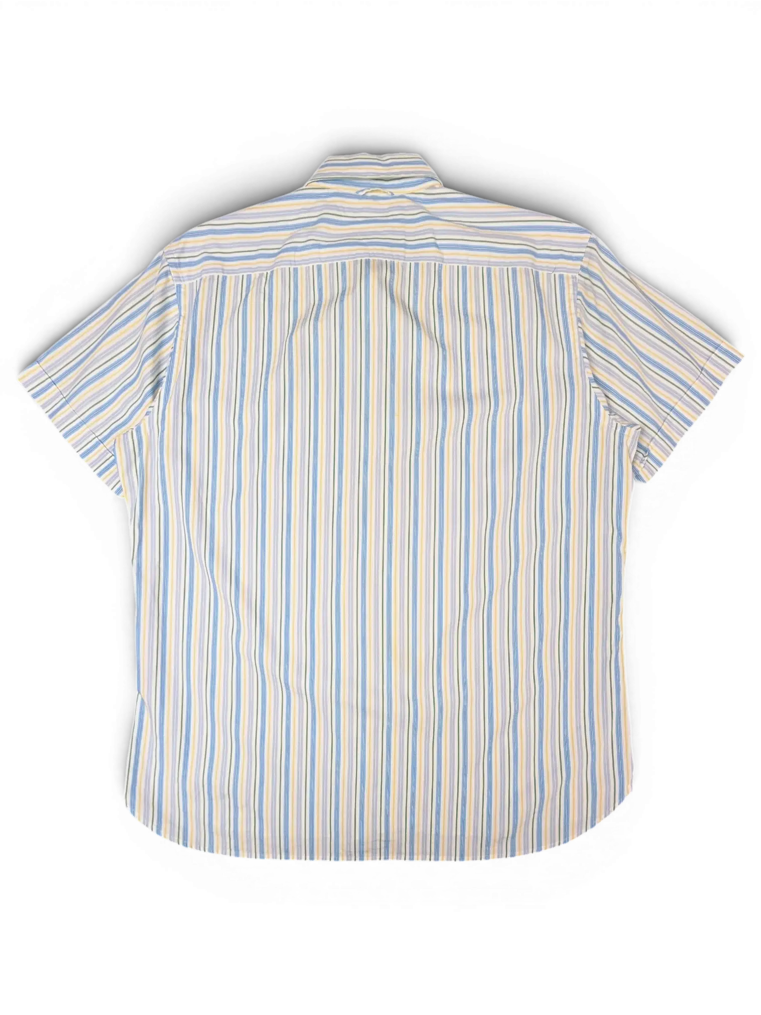 JAKE & IPI pre-owned Tommy Hilfiger short sleeve button-down shirt with vertical blue, green, and yellow stripes.