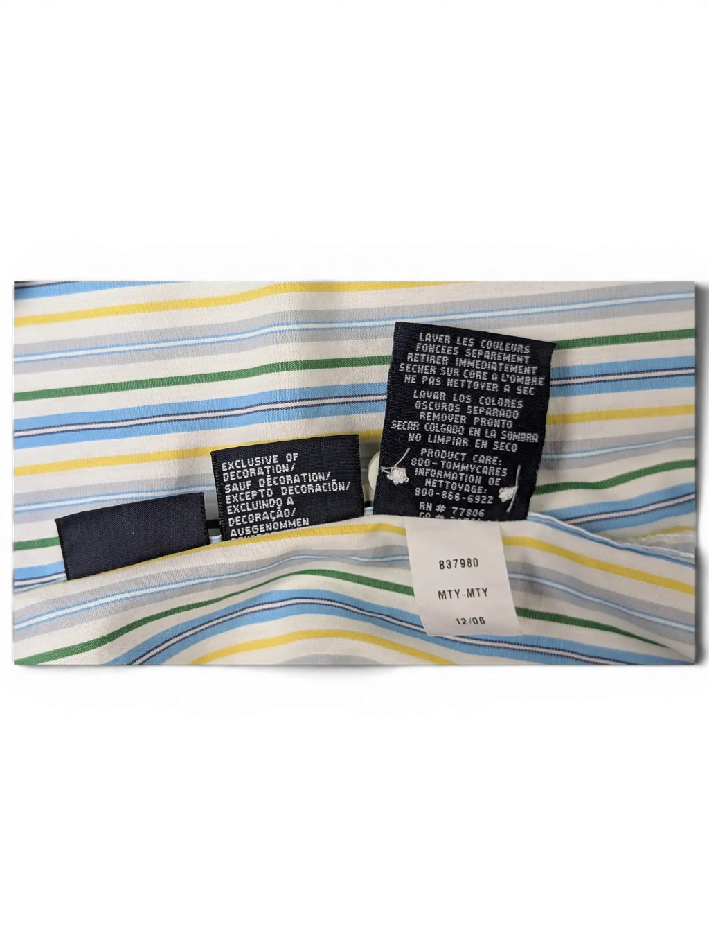 JAKE & IPI Tommy Hilfiger short sleeve shirt with white, blue, green, and yellow vertical stripes and care labels.
