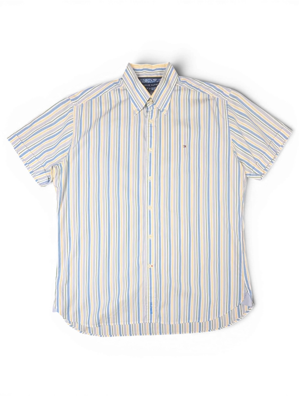 JAKE & IPI pre-owned Tommy Hilfiger short sleeve button-down shirt with vertical blue, green, and yellow stripes.