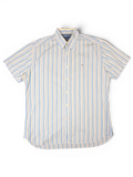 JAKE & IPI pre-owned Tommy Hilfiger short sleeve button-down shirt with vertical blue, green, and yellow stripes.
