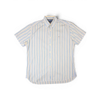 JAKE & IPI pre-owned Tommy Hilfiger short sleeve button-down shirt with vertical blue, green, and yellow stripes.